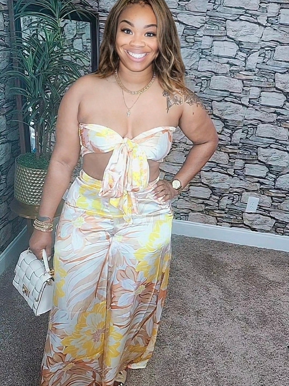 Floral Tie-Front Wide-Leg Set  in Pastel Yellow